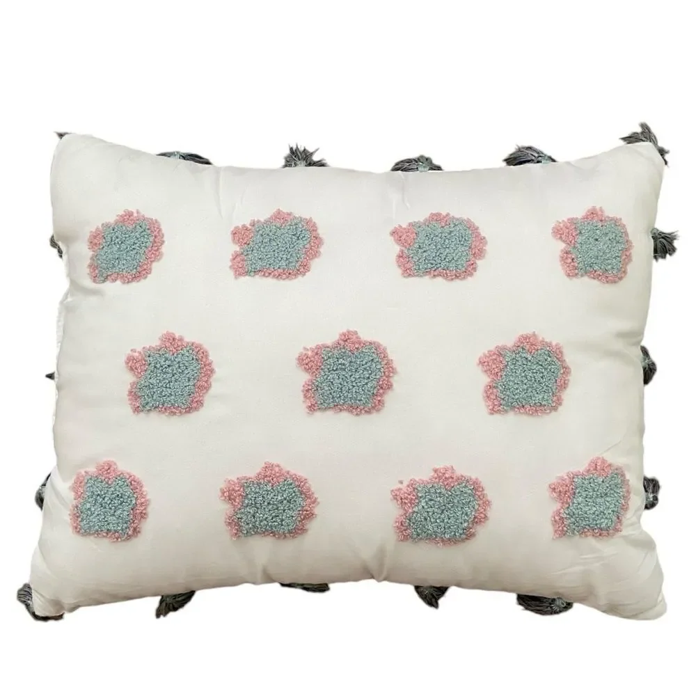 Small Decorative Rectangle Throw Pillow with Clouds and Pompoms